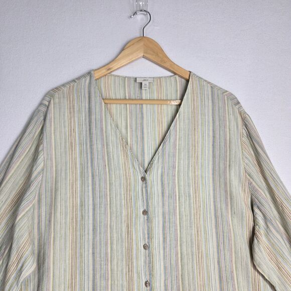 J. Jill 100% Linen Top 3X Green Multi Pin Stripe Button Front Boxy Coastal - Picture 2 of 13